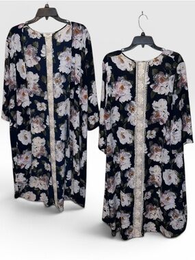 Umgee Flowy Boho Navy Blue Floral Open Front Cover Up Crochet Long Duster Size S